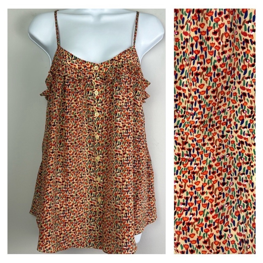 NEW Silk Rebecca Taylor Ruffle Cami Abstract Floral Print Sz 0 Pockets Tank Top